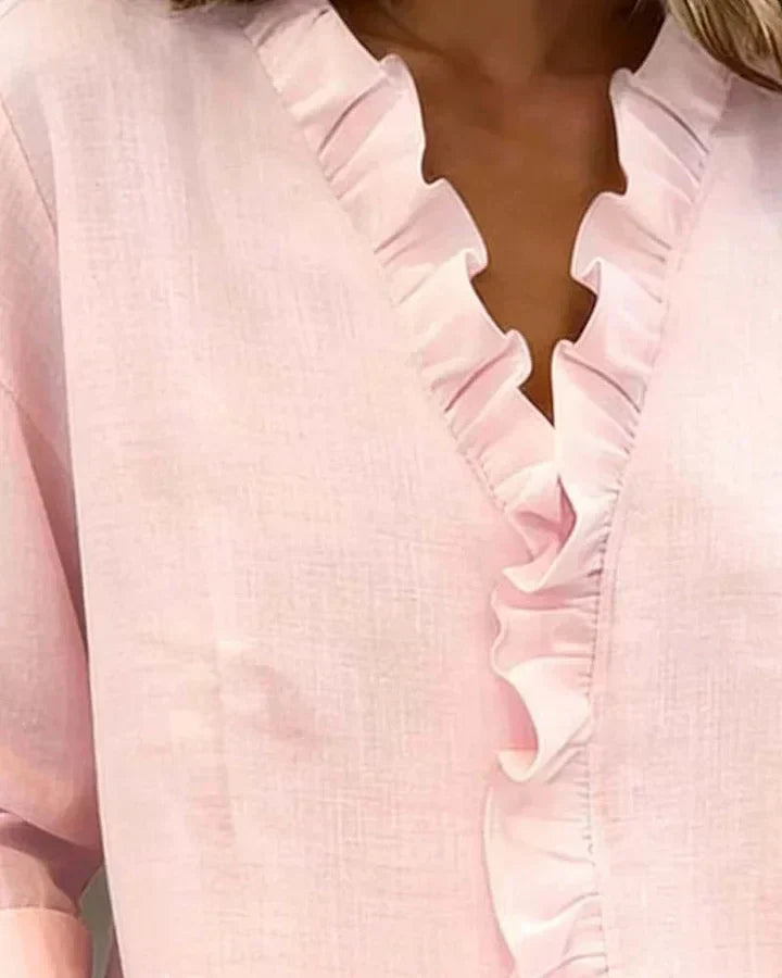 INDIE™ | Blouse with Ruffles, V-Neck and Long Sleeves