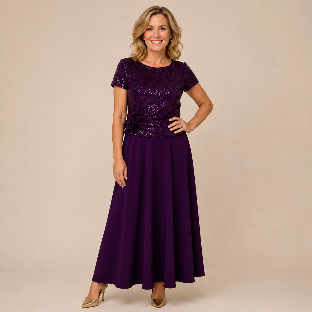 RENATA | Short-Sleeved Dress with Sequin Floral Bodice