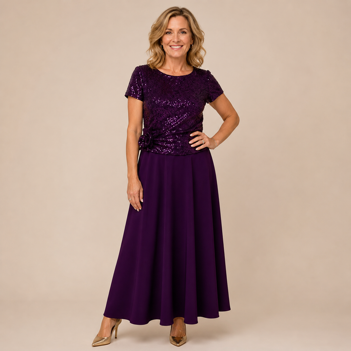 RENATA | Short-Sleeved Dress with Sequin Floral Bodice