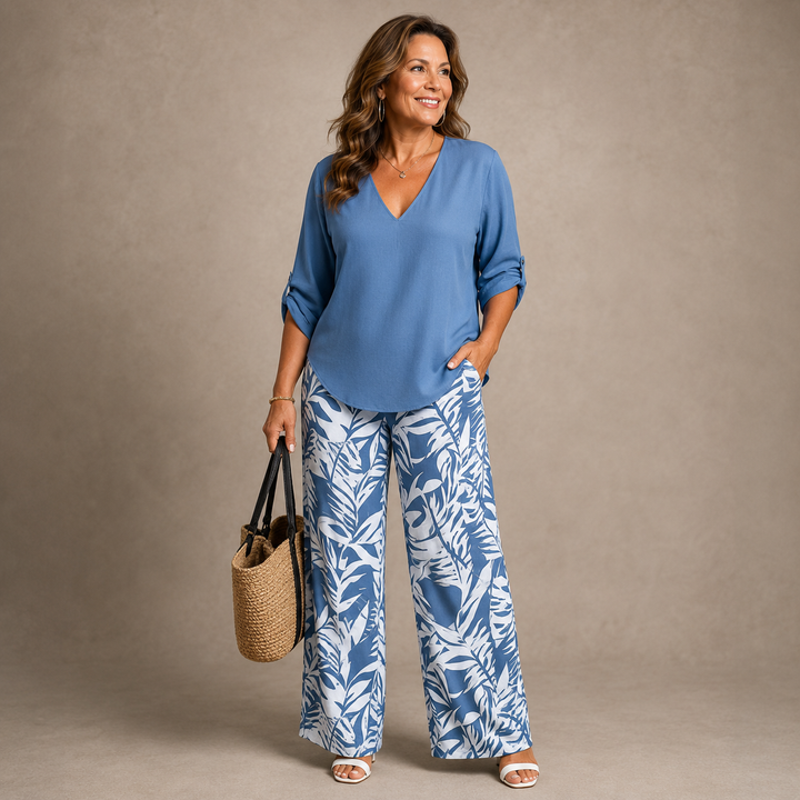 Liwia™ | V-Neck Top and Printed Trousers