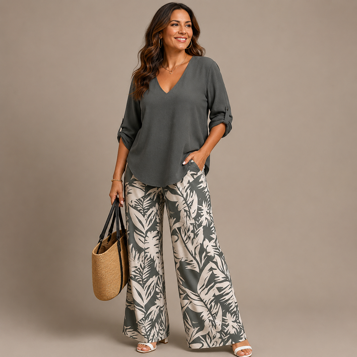 Liwia™ | V-Neck Top and Printed Trousers