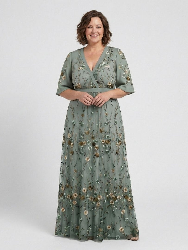 EVADNE™ | Floral V Neck Short Sleeve Maxi Dress